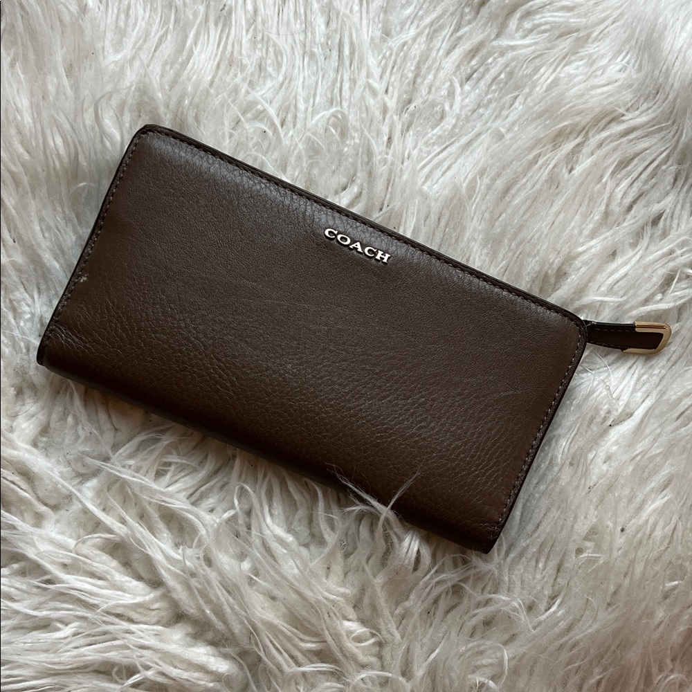 Coach Dark Brown Zip Wallet with Gold-Tone Hardware